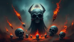 A dark, surreal scene with a large, ominous skull-like figure in the center, surrounded by smaller skull-like shapes and fiery, glowing elements. The background is a mix of earthy tones and blues, creating a mysterious and unsettling atmosphere