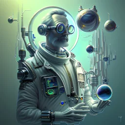 Expressively detailed and intricate calligraphy ink painting of a "cyborg Mad Scientist" holding beakers, outer space Background cosmic fractals, dystopian, concept art, unreal engine 5, god rays, ray tracing, RTX, lumen lighting, ultra detail, volumetric lighting, 3d, finely drawn, high definition, high resolution. award-winning: professional portrait: atmospheric: commanding: fantastical: clarity: 16k: ultra quality: striking: brilliance: stunning colors: amazing depth: masterfully crafted.