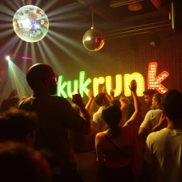 MR Kukrunk MC is Benny, and "DJ Roy" in a disco, dancing, "Kukrunk" on sign wall, disco light, strobe, disco ball, 1000 dancing people