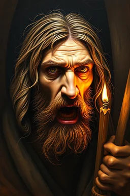 pin hole cam, master oil painting by Rembrandt, realistic rendering Portrait of the angry Jesus in the temple of thieves, airbrush and pen outline, in the style of Escher