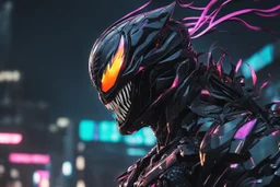 Venom machine in 8k solo leveling shadow artstyle, white fox them, close picture, rain, Shredder helmet, neon lights, intricate details, highly detailed, high details, detailed portrait, masterpiece,ultra detailed, ultra quality