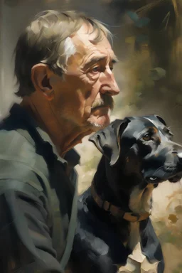 Retrato de plano medio en óleo,de hombre mirando a su perro ,impresionista