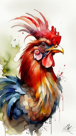 dnd, fantasy, watercolour, humongous strokes, stylistic, portrait, illustration, furry, rooster, personable face