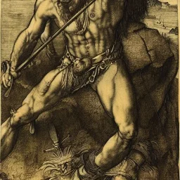 high-angle shot of a [barbarian warrior in loincloth] holing an ((axe)) on a cliff overlooking the sea, monsters in the water by Durer, extremely detailed face