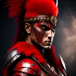Barbarian anime character, animal hide armor, physically fit, tribal tattoos, scars, washboard abs, red facepaint, red hair, dark eyeshadow, intricate eyeliner, soft round eyes, beads in hair, 8k resolution, cinematic smooth, intricate details, vibrant colors, realistic details, masterpiece, oil on canvas, smokey background