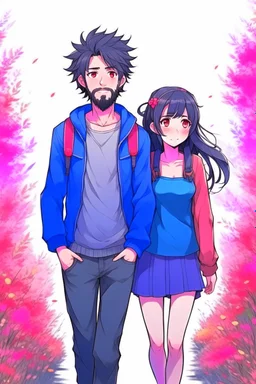 anime couple, walking , colorful, man with salt and pepper beard and woman with dark hair and blue eyes