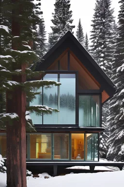 Chalet bois béton et verre dans montagnes avec sapins et neige. Lumière soleil couchant