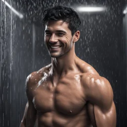 Hyper realistic Extremely Handsome shirtless with short black hair muscular man smiling standing in a black towel in a dark shower room