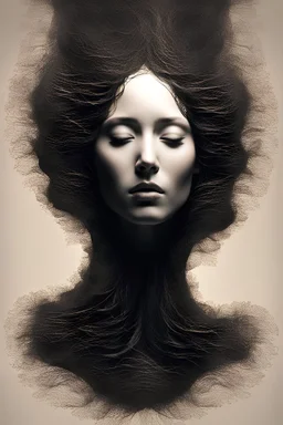 Tiny artistic photos forming a woman's face silhouette., 3d render, dark fantasy