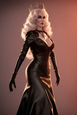 Carmen Dell`orifice as evil queen in black leather gown, angry, busty, curvey, cleavage, unreal 5, octane render,cinema4d, dynamic lighting, dramatic lighting, 4k, redshift render, highly detailed, hyper realistic