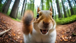 a Squirrel takes a selfie in the forest, in the style of fisheye effects, somber mood, strong facial expression, tilt shift