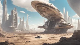 A small, wide, squat, sleek Spaceship in a ruined alien city, surrounded by tall damaged buildings, clear blue sky, small white clouds, photorealistic