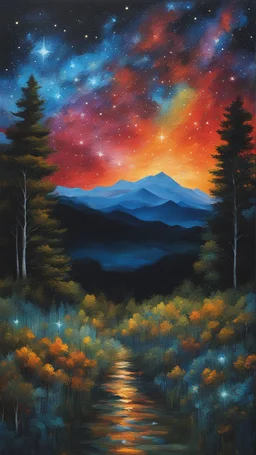 Painting of the night sky with stars and trees, colorful night sky, starry night painting, magical forest background, night background, vibrant painting, atmospheric dream painting, night sky background, colorful painting, colorful stars, Beautiful paint art, dream landscape art, beautiful painting, oil painting, oil painting on canvas, impressionist