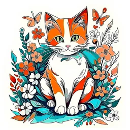 cute cat-print-vincent-van-gogh-flowers-,design, vector graphic, colorful, adorable, cute, vector illustration, white background