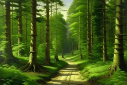 Peder Mork Monsted style forest pines, a wide dirt road in the middle, brownish-green shade