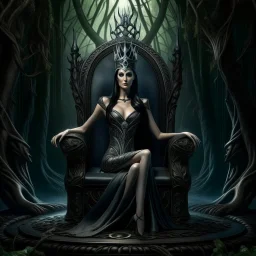 Morena Baccarin as a beautiful sexy dark elf queen seated elegantly on a throne in a mystical forest, dark celtic vignette frame