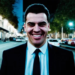 very grainy discolored photo, face portrait, empty night street, grunge, 2000s Russia, man in a nice suit, extremely gaunt, haughty, dangerous smile, perfect looking, striking features, extremely white skin, inhuman