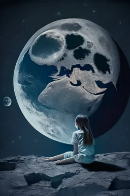Chica en la Luna sentada mirando la tierra