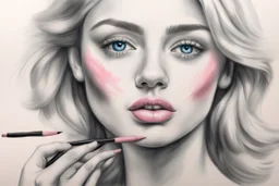 the artist's hand draws a portrait of a blonde woman, charcoal, pencil, pink lips, blue eyes, fine drawing, hand with a brush