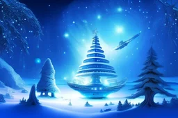 vaisseau galactique, lumière bleu, paysage d'hiver, fées, arbre de noel a coté, lumière blanche
