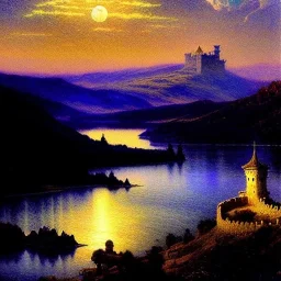 Drawing of 'Medieval Romanian Castle',mountain,lake,full moon, by gaston bussiere, greg rutkowski, yoji shinkawa, yoshitaka amano, tsutomu nihei, donato giancola, tim hildebrandt, ink and pencil on canvas, cinematic composition, extreme detail,fit full head inside picture,16k