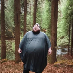 fat guy throwing knives, while wearing a poncho, has light facial hair in a forest, next to a lake