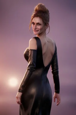 Julia Roberts in black leather gown, evil, busty, cleavage, curvy, angry, happy, stern look. character design by cory loftis, fenghua zhong, ryohei hase, ismail inceoglu and ruan jia. unreal engine 5, artistic lighting, highly detailed, photorealistic, fantasy