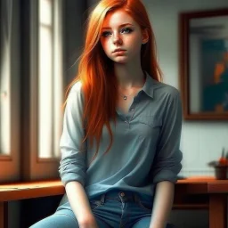 pretty girl, ginger, jeans, tight top, skinny, aged 13, dreamy, conventionally attractive, digital art