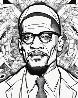 Outline art for coloring pages with MALCOLM X , white background, sketch style, only use black outline, white background, no shadows and well and clear outline , white background, sketch style, only use black outline, white background, no shadows and well and clear outline