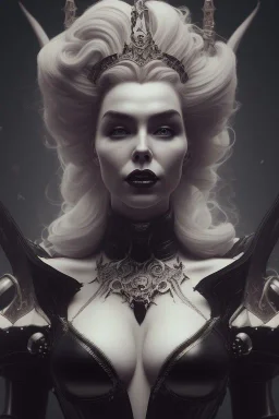 Hannah Waddingham as evil queen in black leather, busty, cleavage, dominatrix, curvy, angry, stern look. character design by cory loftis, fenghua zhong, ryohei hase, ismail inceoglu and ruan jia. unreal engine 5, artistic lighting, highly detailed, photorealistic, fantasy