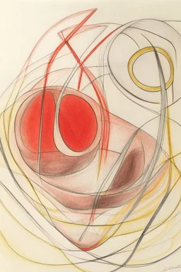 Pencil drawing and watercolour by Barbara Hepworth red grey and gold