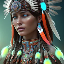 New Mexico pueblo Indian, pueblo Indian, 12k, ultra high definition, finely tuned detail, unreal engine 5, octane render, ultra-realistic face, realistic headdress, detailed make-up, zia, detailed turquoise jewelry, detailed hair, detailed feathers, red glowing fire background, optimism chain