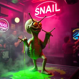 An "SNAIL" performing at dance club, his name is "SNAIL" and looks crazy, and green slime on stage, Neon lights and smog, "SNAIL" SIGN ON WALL