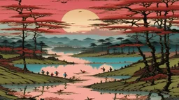 A pink swamp near a highway painted by Utagawa Hiroshige