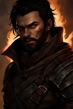 Create a super realistic digital artwork of a fantasy hero known as the Shadow Fighter. He is a male character with black hair and blue eyes, featuring a scar on his face and a beard. He wields two weapons that emit black flames. He is dressed in leather armor and a brown scarf covering his mouth. The background should be a burnt-down village with eerie, sinister shadows lurking around, adding a dark and ominous atmosphere. The artwork should convey a sense of mystery and danger, dark fantasy