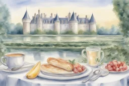 Brunch breakfast on an elegant table in the garden in the background, Castle on the Loire, lake, reflection, sunrise, Misty morning smooth intricate high definition beautiful lighting pencil sketch watercolor polished warm light