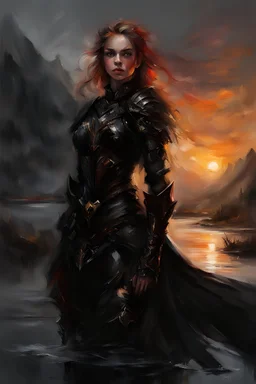 A formidable warrior girl in black armor, on the background Amazing gloomy landscape, flooded with sunset, mountains, trees, fabulous scary hero, , juicy emotions, painting, dark fantasy, gloomy day, dark world, portrait, by Anna Razumovskaya