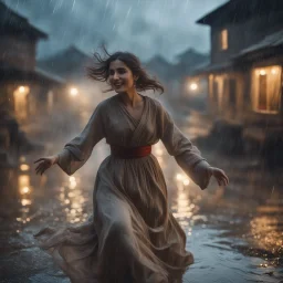 Hyper Realistic close-up-view of Beautiful-Happy-Pashto-Woman whirling across the streets of her village riverside at heavy-rainy-night with dramatic-&-cinematic-ambiance