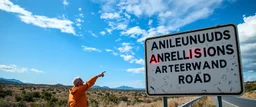 roadside sign warning about dangerous illusions and artwork in the road, people pointing at the sign, it has some beautiful neon artwork