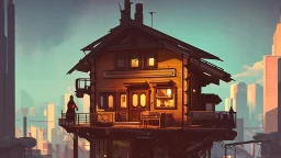 small Wooden European Cabin, In cyberpunk city-skyline, comic style