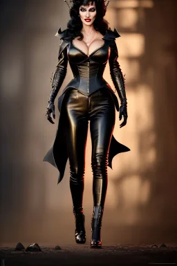 painting of lisa ann as evil queen in black leather pants, , leather, angry, stern look, volumetric lighting, particales,highly detailed,cinematic, deep colours,8, highly detailed, digital painting, artstation, concept art, smooth, sharp focus,