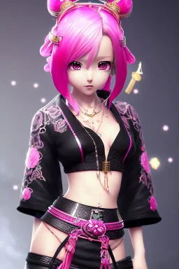 Cute anime Kunoichi girl, electric pink hair buns, pink bangs, detailed black designer kimono, Japanese yakuza full body tattoos, intricate details, full body portrait, pink ribbons, slight smile, black constellation motif, windy, concept art, mini tornado stickers, black fishnet wear, highly detailed, digital painting, artstation, concept art, sharp focus, illustration, art by WLOP and greg rutkowski and alphonse mucha and artgerm and yanjun Chen and Junji ito