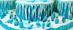 A cyan winter glacier filled with penguins designed in German folk art