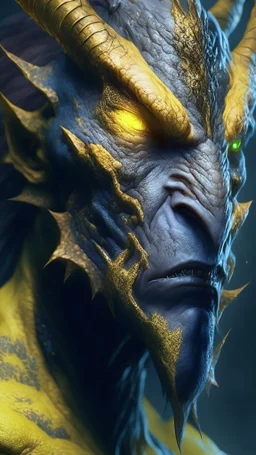 A Na'vi Ogre Dragon with large yellow eyes, tattooed skin, starring viciously at the viewer, 8k resolution concept art portrait by Greg Rutkowski, Artgerm, WLOP, Alphonse Mucha dynamic lighting hyperdetailed intricately detailed Splash art trending on Artstation Unreal Engine 5 volumetric lighting, by Hajime Isayama, H R Giger