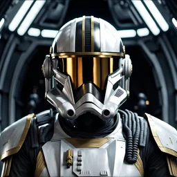 star wars bald male corellian pilot wearing gunmetal grey and black First Order special forces TIE pilot armored flightsuit and helmet with gold trim inside the jedi temple, centered head and shoulders portrait, hyperdetailed, dynamic lighting, hyperdetailed background, 8k resolution, volumetric lighting, light skin, fully symmetric details