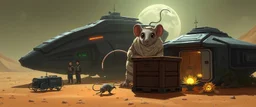7️⃣ Planet Arrival "Two futuristic spaceships on dusty alien plain. Giant mummy rat scampers behind crates, eyes intelligent and cautious, bandages flutter in wind. Crew exits, interacting with alien fauna. Small caged rat in transport module, stasis pod glowing nearby. Alien flora glowing softly. Mood: cautious curiosity. Style: anime-like character expressiveness, Rembrandt-inspired light and shadow."