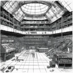 illustration by underground comix artist, Brion Gysin of: Access to Planetary Guard facilities is rarely granted to civilian surveyors, making this glimpse of the fortress armoury particularly valuable for the record. The maintenance bay shown here represents typical military-grade equipment storage and servicing — dense racks of weaponry and tactical gear lining curved walls, diagnostic stations, and the controlled environmental systems necessary for keeping sensitive equipment operational acro