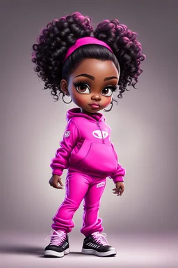 Create an airbrush image of a curvy chibi cartoon black female wearing a hot pink jogger set and black sneakers. Prominent make up with hazel eyes. Extremely highly detailed of messing curly bun