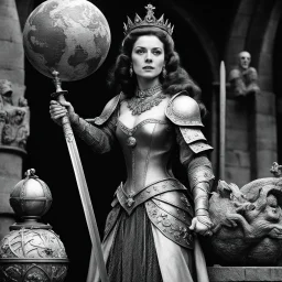 [bloody high res photo by Ray Harryhausen] she is a medieval queen holding her splendid sword and a globe: the sign of her power. High level of detail, he flesh is soft