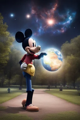 Mickey Mouse with a Supernova above the hand of an Earth person in a developed public park